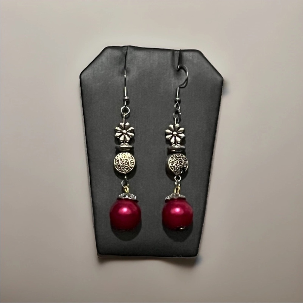 Beaded Earrings Pink Gold And Silver Toned Handmade